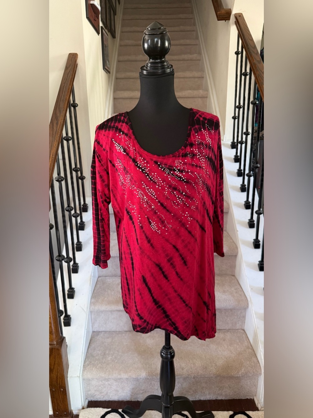 Women's Red Tie-Dye Long Sleeve Scoop Neck Top with Rhinestone Detail